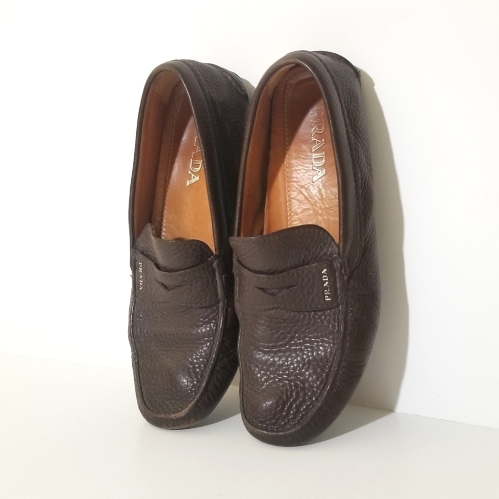 PRADA Men Brown Saffiano Leather Driving Loafers 8